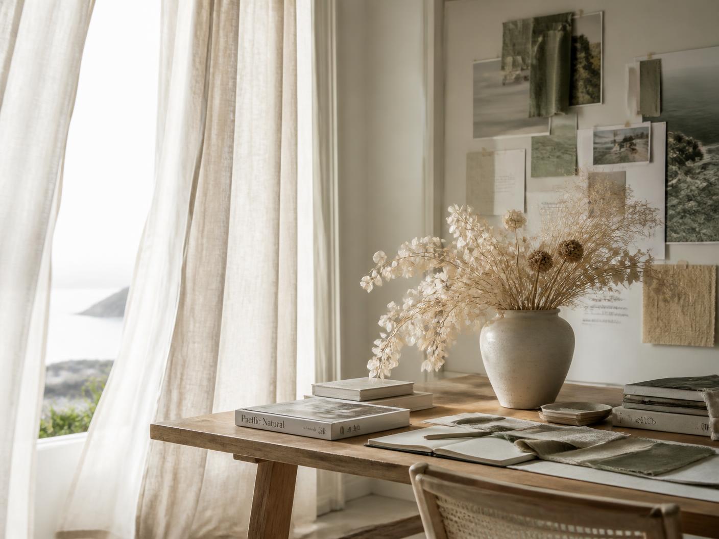 Coastal design studio filled with natural light and dried botanicals