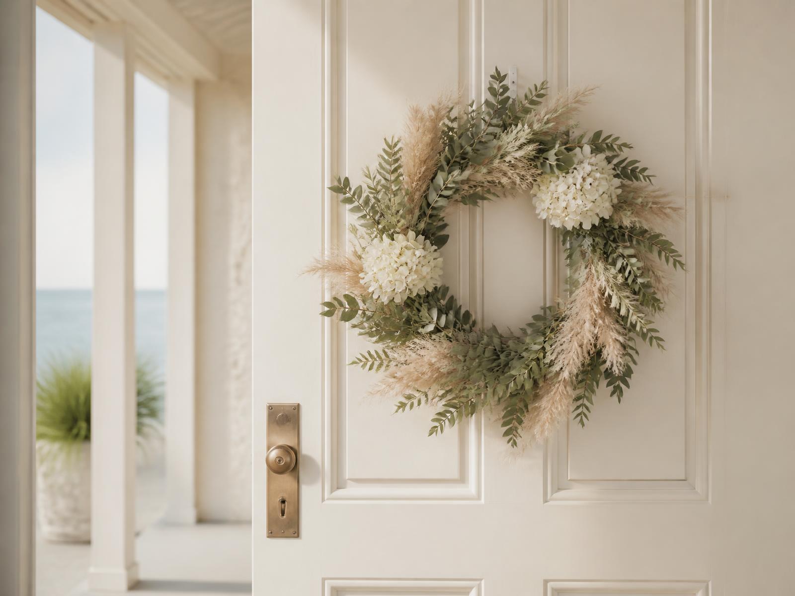 Handcrafted coastal wreath hanging on an ivory front door